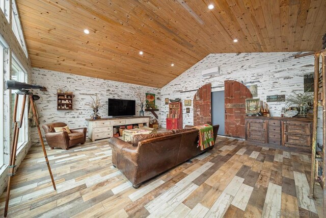 living room with high vaulted ceiling, wood ceiling, and light hardwood / wood-style flooring