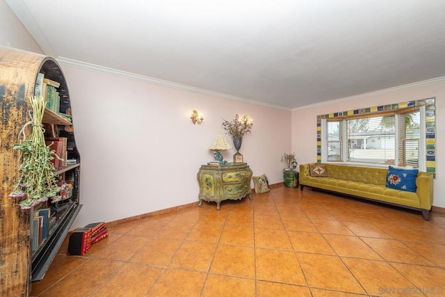 unfurnished living room featuring tile patterned floors and crown molding