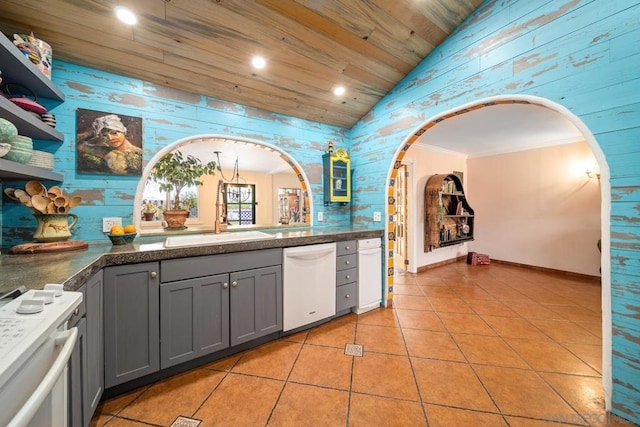 kitchen featuring stove, white dishwasher, wood ceiling, gray cabinetry, and light tile patterned floors