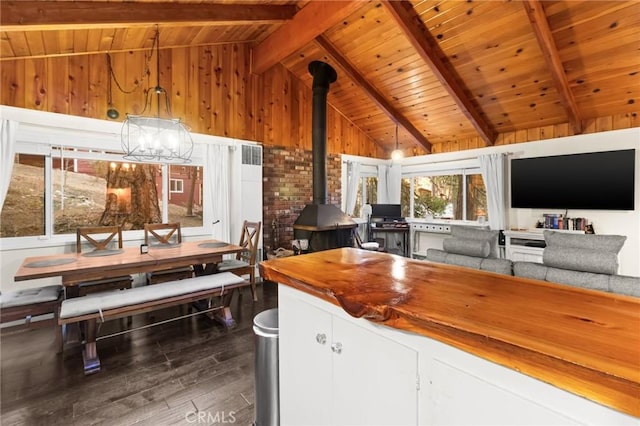 kitchen with wood ceiling, dark hardwood / wood-style flooring, a wood stove, hanging light fixtures, and beam ceiling