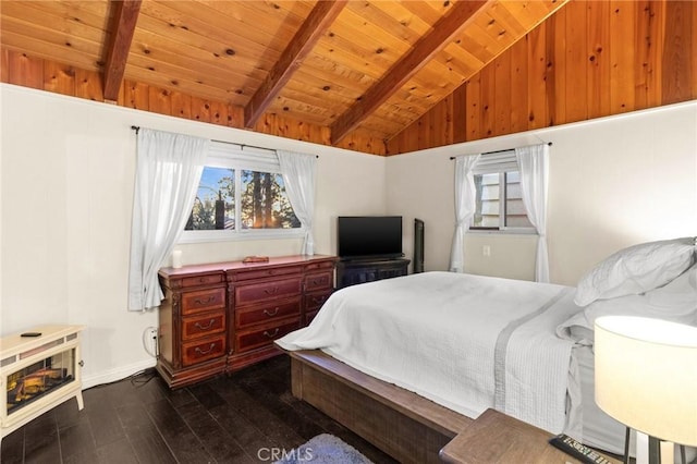 bedroom with dark hardwood / wood-style flooring, wood ceiling, and vaulted ceiling with beams