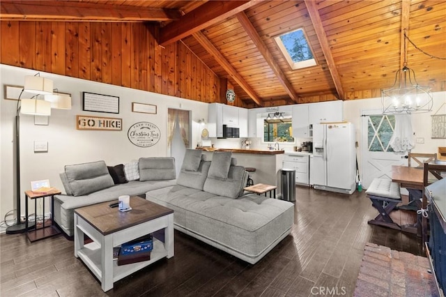 living room with dark wood-type flooring, wooden ceiling, beam ceiling, and high vaulted ceiling