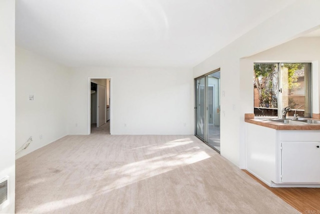 unfurnished living room with light carpet and sink