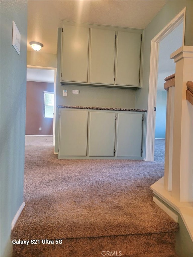 kitchen featuring light carpet