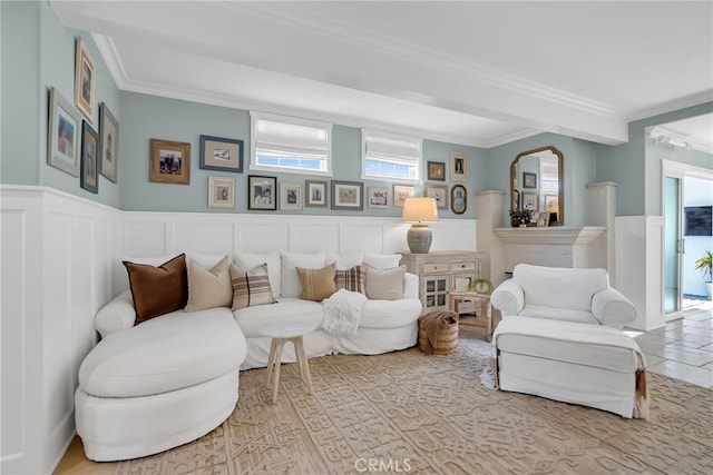 living room with crown molding