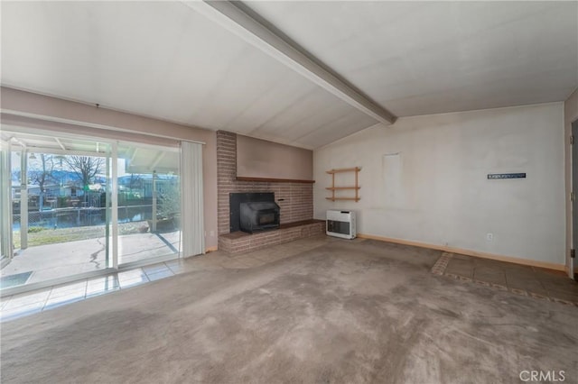 unfurnished living room featuring carpet floors, a wood stove, heating unit, and lofted ceiling with beams