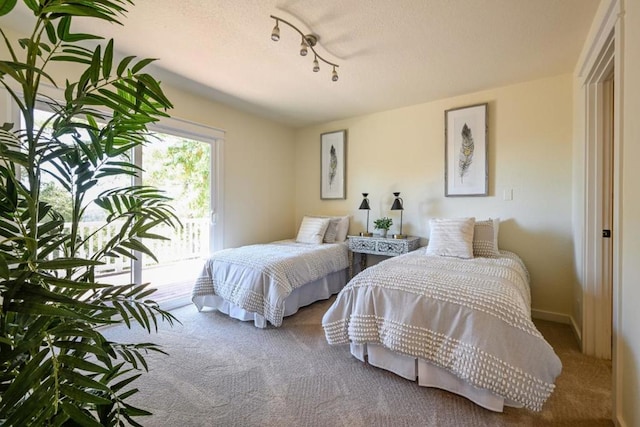 carpeted bedroom featuring track lighting and access to outside