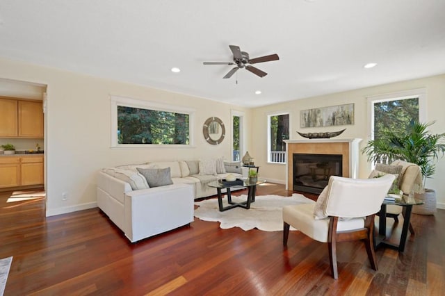 living room with ceiling fan and dark wood-type flooring