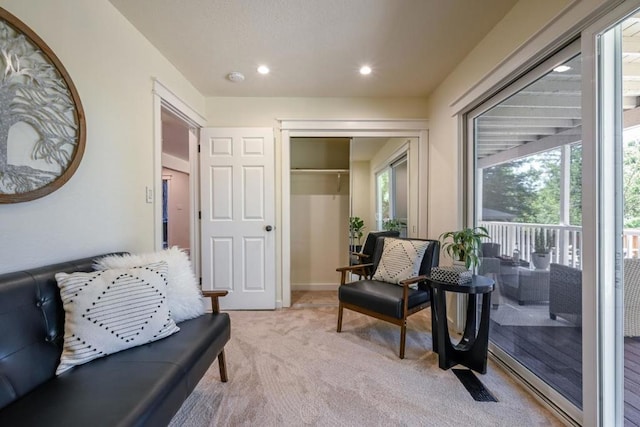 living area featuring light carpet