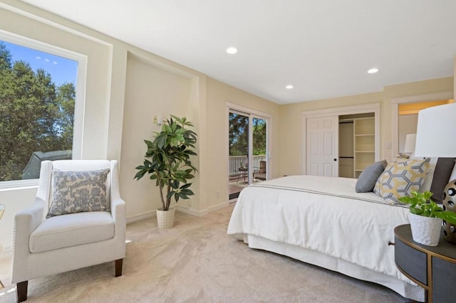 carpeted bedroom with access to exterior, multiple windows, and a closet