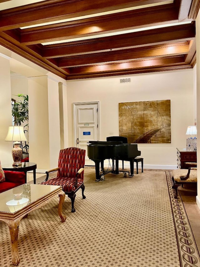 misc room with crown molding, carpet floors, and beamed ceiling