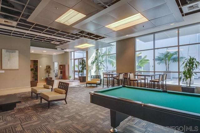 recreation room with pool table and dark colored carpet