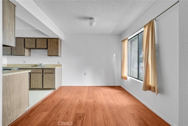 kitchen with light wood-type flooring, a textured ceiling, and sink