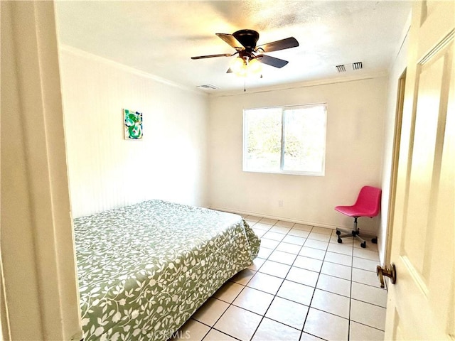 7265 Fletcher View Dr, Highland, CA 92346 - bedroom with crown molding, light tile patterned floors, and ceiling fan