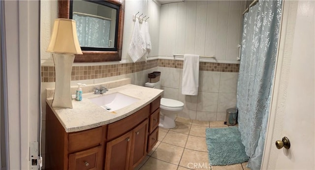 7265 Fletcher View Dr, Highland, CA 92346 - full bathroom with vanity, tile patterned floors, tile walls, and curtained shower