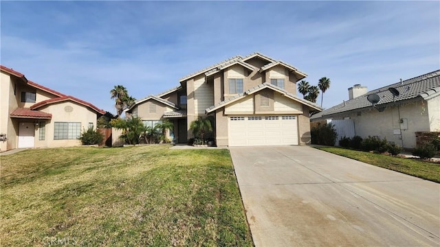 view of front of property with a garage and a front lawn