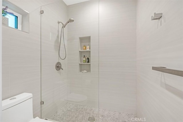 full bathroom with a shower stall and toilet