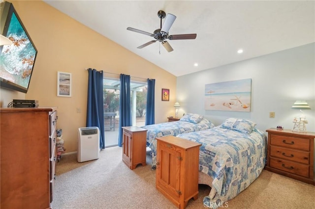 carpeted bedroom featuring access to exterior, ceiling fan, and vaulted ceiling