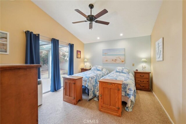 bedroom with ceiling fan, light colored carpet, and lofted ceiling