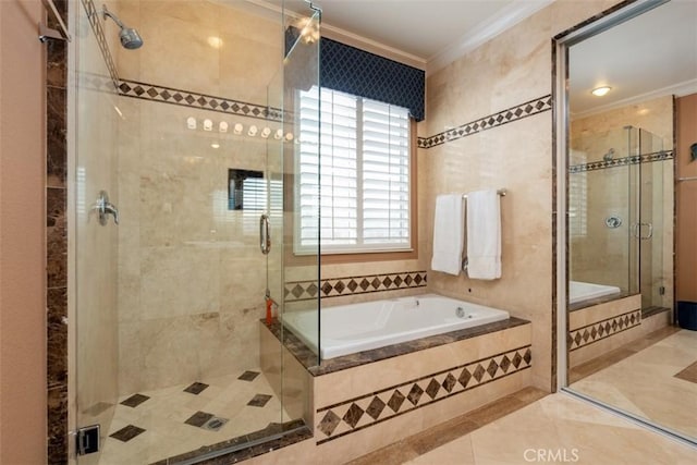 bathroom featuring tile patterned flooring, crown molding, and plus walk in shower