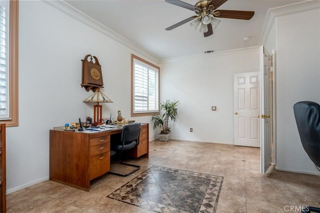 office area featuring ceiling fan and ornamental molding