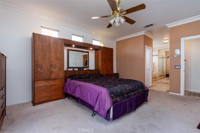 carpeted bedroom with ceiling fan and crown molding