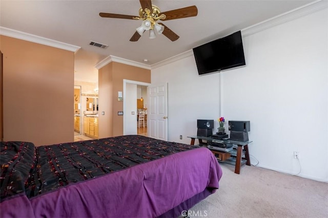 carpeted bedroom with ceiling fan, connected bathroom, and crown molding