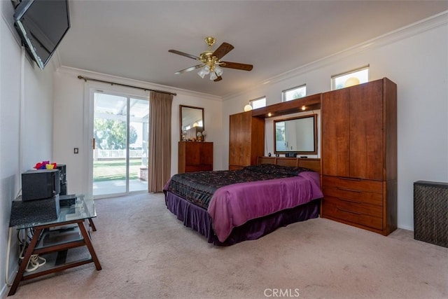 bedroom featuring light carpet, ceiling fan, access to exterior, and ornamental molding