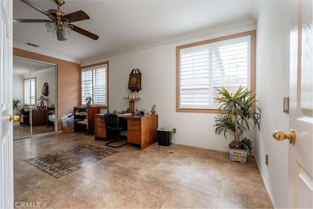 office area with ceiling fan and crown molding