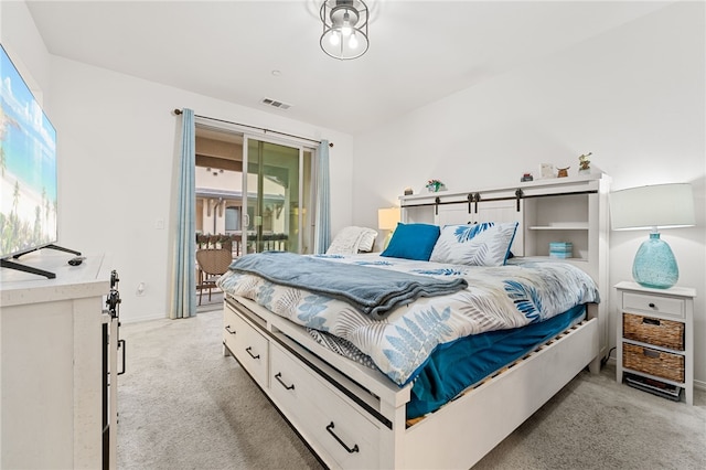 bedroom with access to exterior, baseboards, visible vents, and light colored carpet