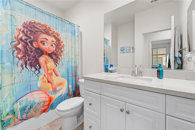 full bathroom with visible vents, tile patterned flooring, vanity, and toilet