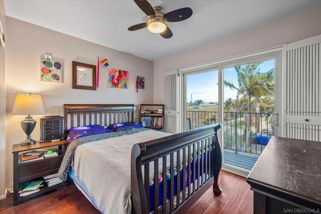 bedroom with ceiling fan, access to exterior, and dark hardwood / wood-style flooring