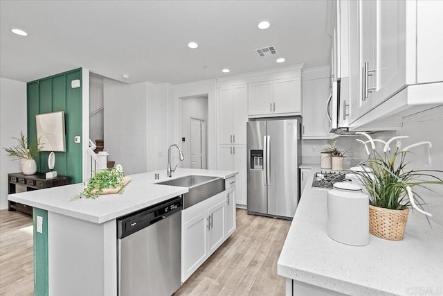 kitchen featuring white cabinetry, appliances with stainless steel finishes, sink, and a center island with sink