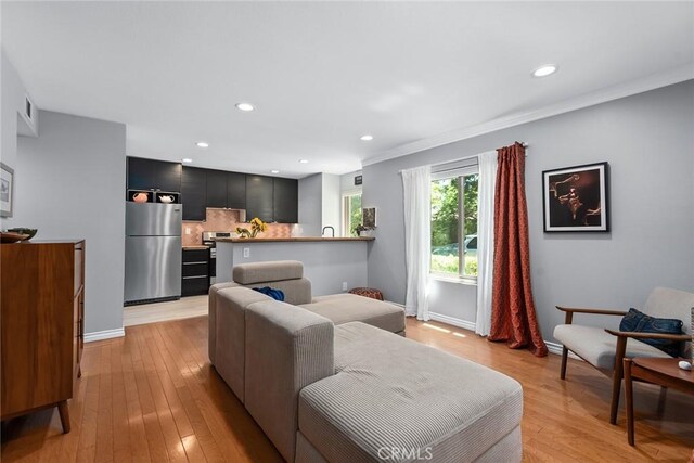 living room with light hardwood / wood-style flooring and crown molding