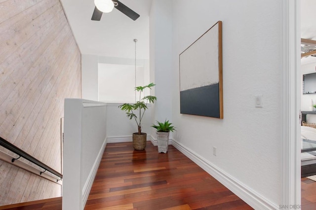 hallway with dark wood-type flooring and wooden walls