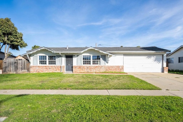 single story home with a front yard and a garage