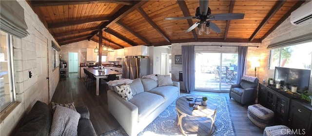 living room featuring wood ceiling, dark hardwood / wood-style flooring, lofted ceiling with beams, a wall mounted AC, and ceiling fan