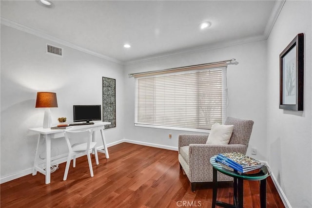 office space featuring ornamental molding and hardwood / wood-style floors