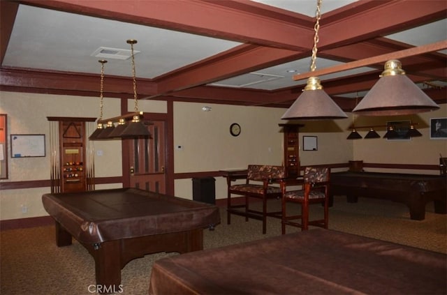 playroom featuring beamed ceiling, carpet flooring, and billiards