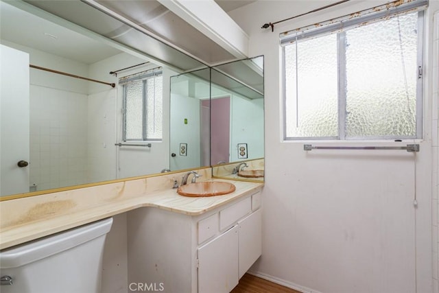 bathroom with toilet, a healthy amount of sunlight, and vanity