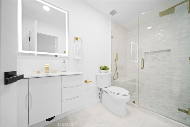 bathroom with a shower with door, toilet, and vanity