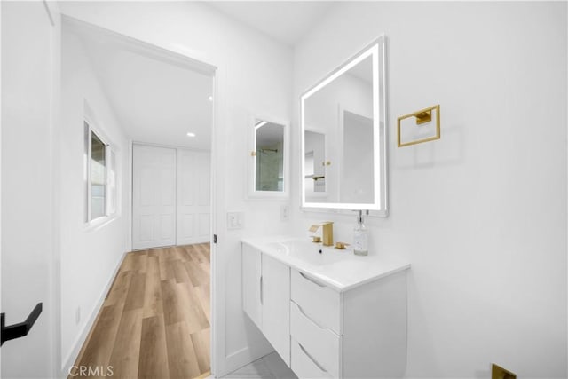 bathroom with hardwood / wood-style flooring and vanity