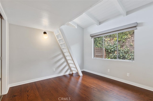 unfurnished living room featuring lofted ceiling with beams, dark hardwood / wood-style floors, and wood ceiling