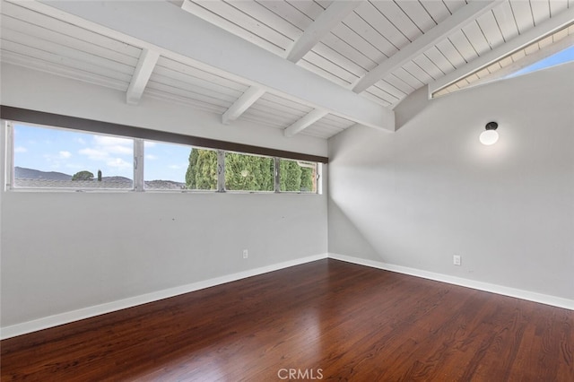 spare room with wooden ceiling, vaulted ceiling with beams, and dark hardwood / wood-style flooring