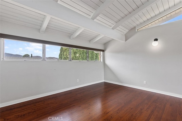 empty room with lofted ceiling with beams, wood ceiling, baseboards, and dark wood-type flooring