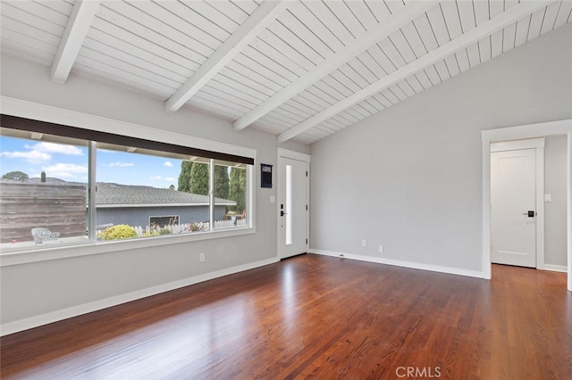 unfurnished room with wood ceiling, a wealth of natural light, dark wood-type flooring, and lofted ceiling with beams