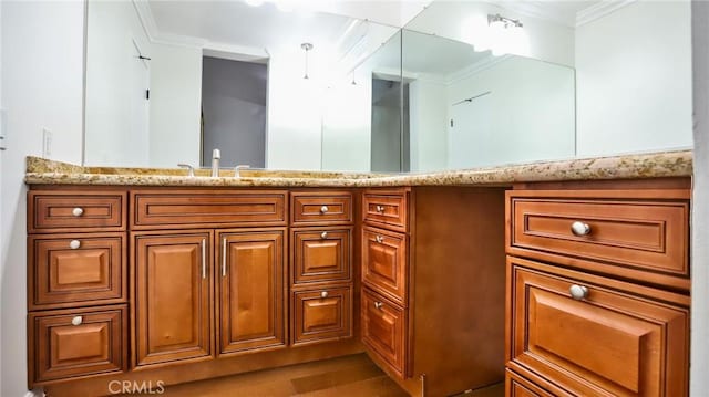 bathroom with vanity, crown molding, and hardwood / wood-style flooring