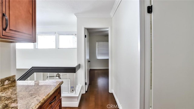 hallway featuring dark hardwood / wood-style floors and ornamental molding