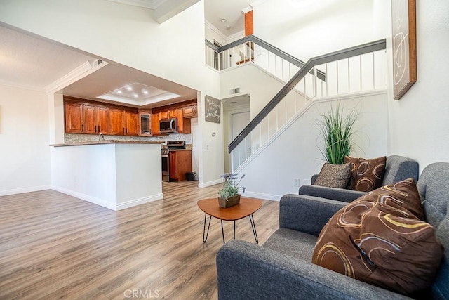 living room featuring a raised ceiling, light wood-type flooring, and ornamental molding