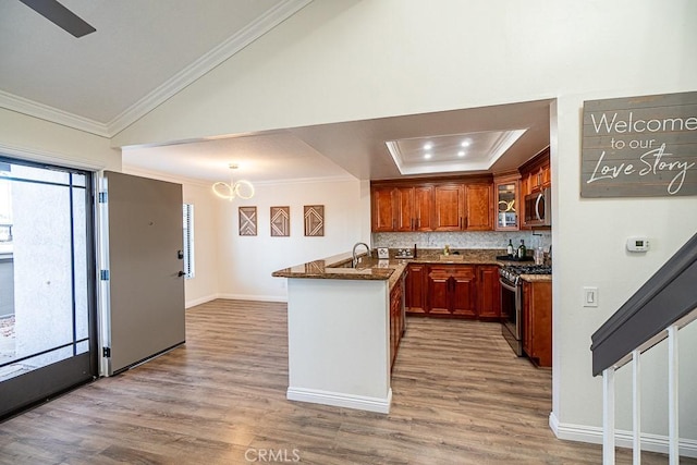 kitchen featuring stainless steel appliances, dark stone counters, decorative backsplash, kitchen peninsula, and light wood-type flooring